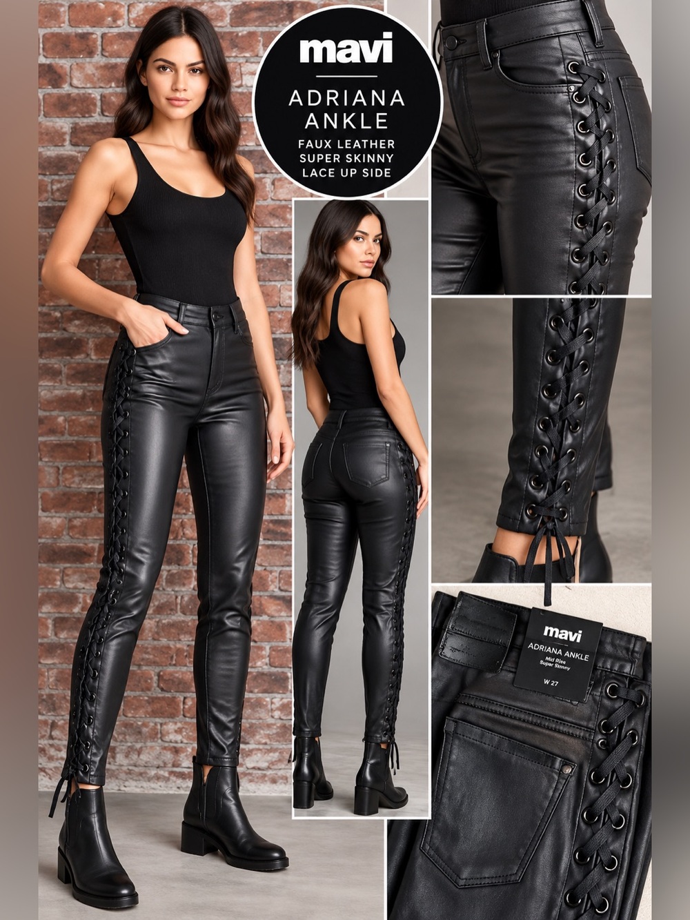Mavi Adriana Ankle Faux Leather Pants Black Lace Up Side Super Skinny 27
